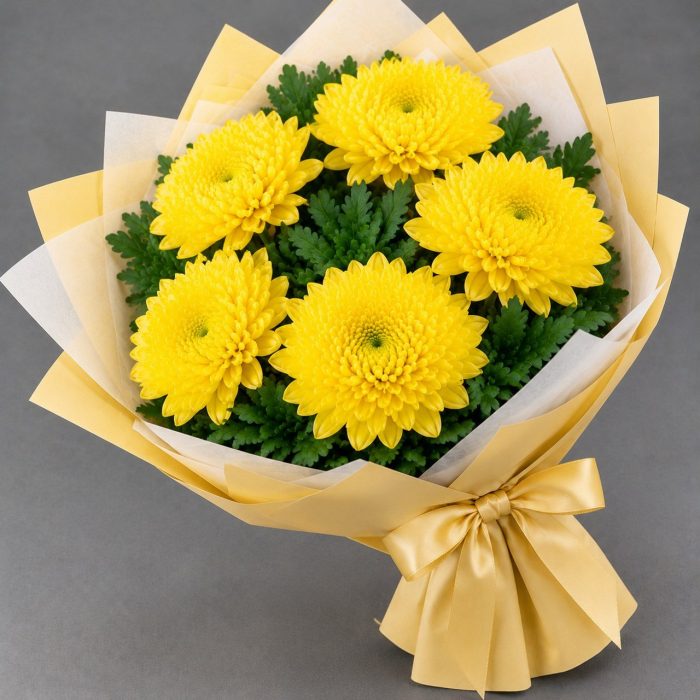 Букет из 5 жёлтых одноголовых хризантем, фото 3